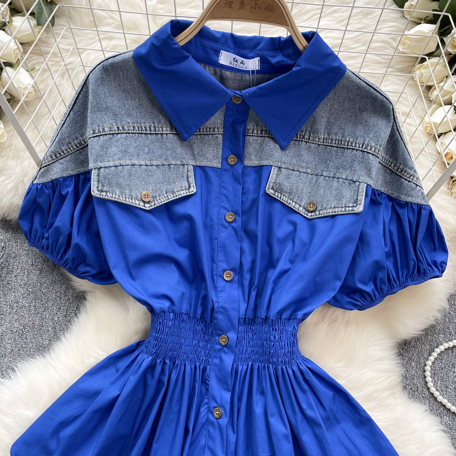 Women Contrast Patchwork Puff Sleeve Stretch Shirt 32