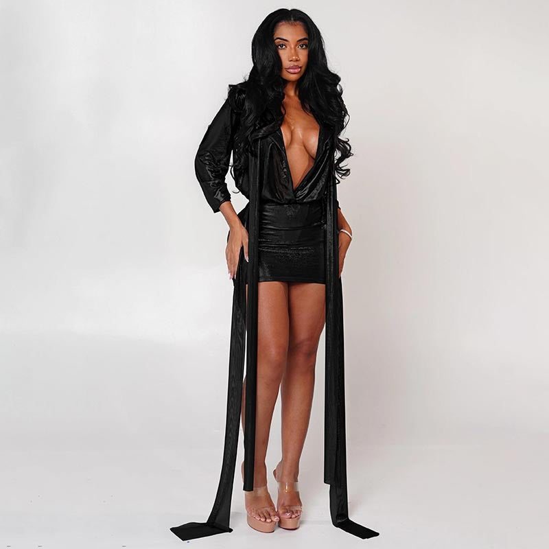 Women's Sexy Sheer Lace-Up Long Sleeve Top & Tight Fitting Bodycon Mini Skirt Two-Piece Set 3