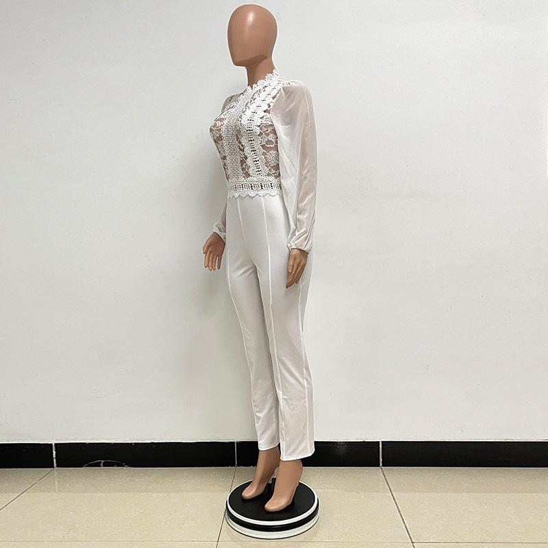 Women's High Waist High Collar Lace Long Sleeve Straight Leg Jumpsuit For Women 8