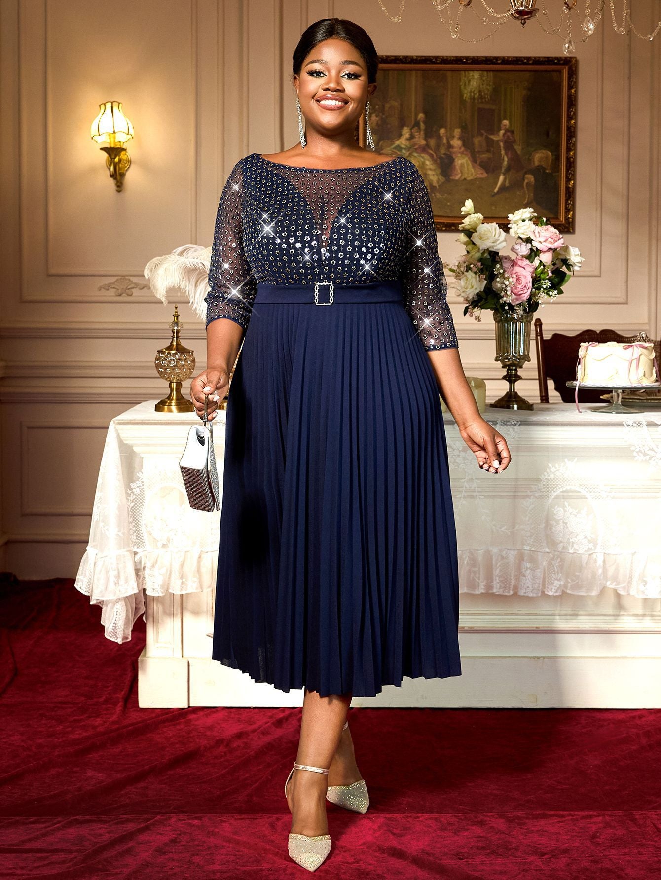 Mesh Patchwork Sequins Round-Neck Pleated A-Line Dress 7