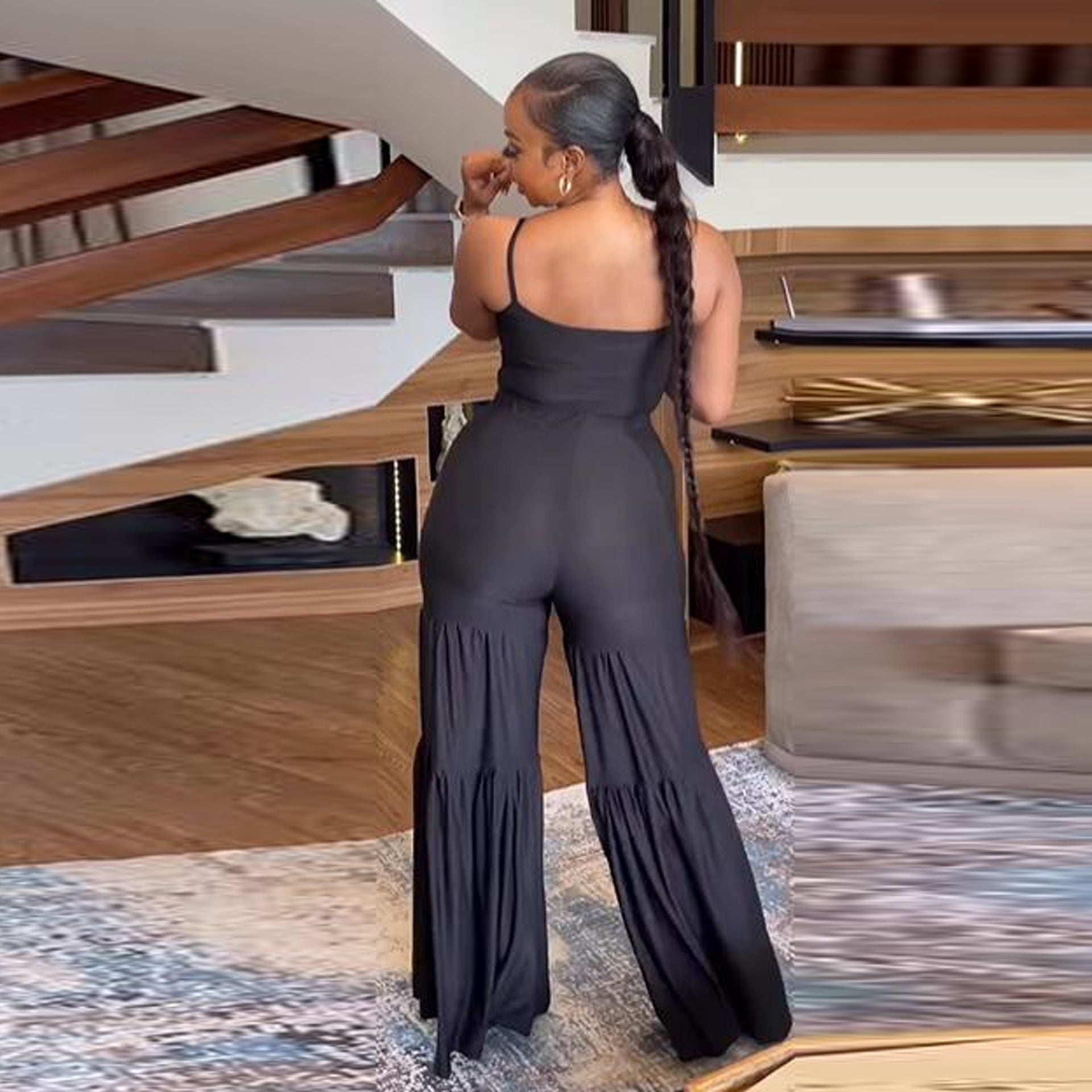 Sexy Slim Fit Solid Color Straps Tank Top Stretch Bell Bottom Pants Two-Piece Set 4