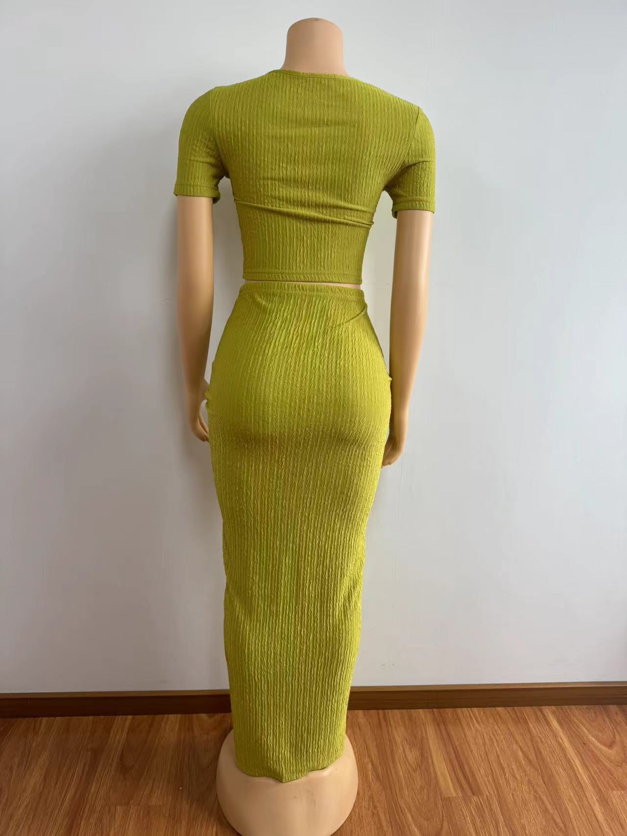 Women sexy pleated short-sleeved top and Drawstring Pleated Skirt Two-piece Set 10