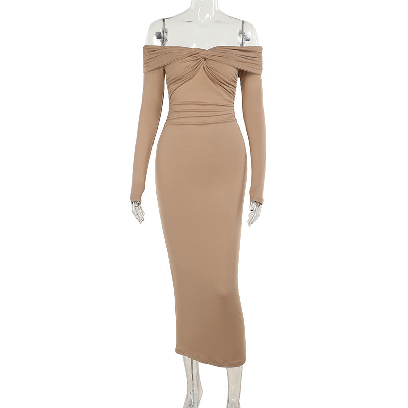 Autumn And Winter Chic Sexy Off Shoulder Long-Sleeved Slim Long Dress 9