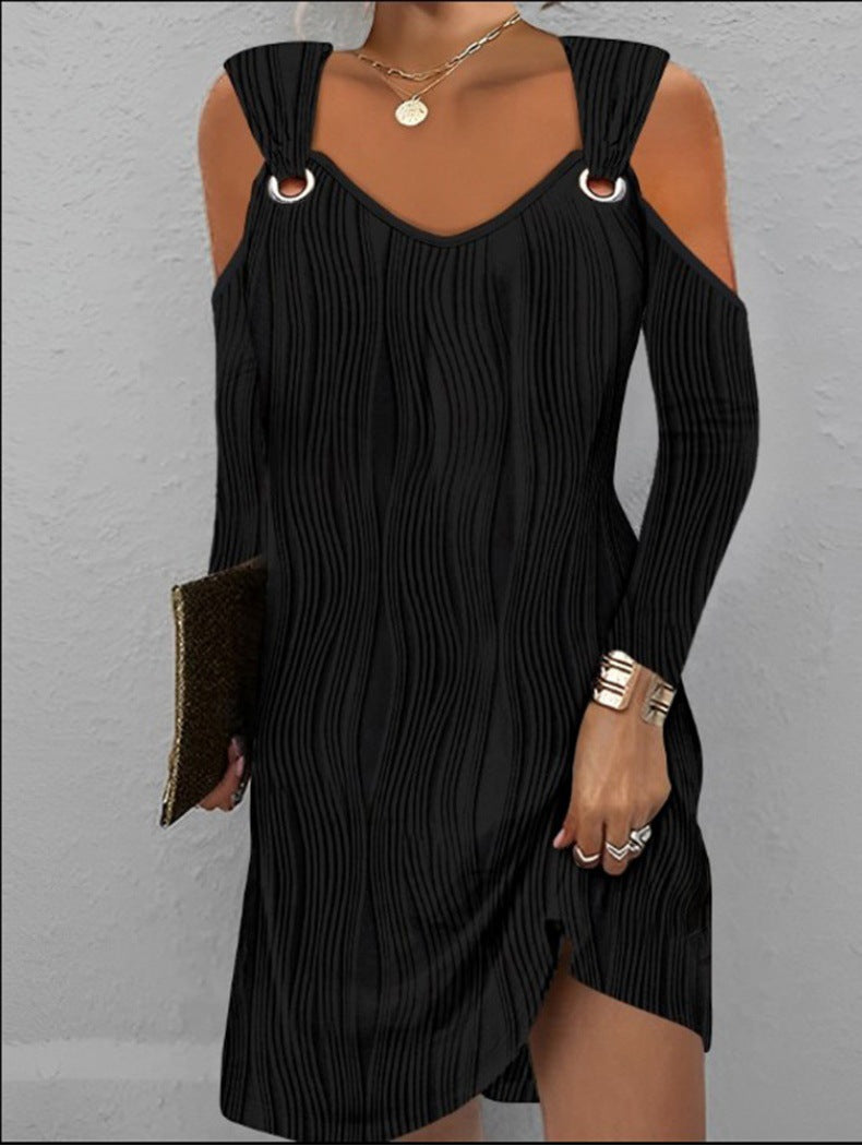 Autumn Women's Off Shoulder Long Sleeve Round Neck Loose Casual Dress 9