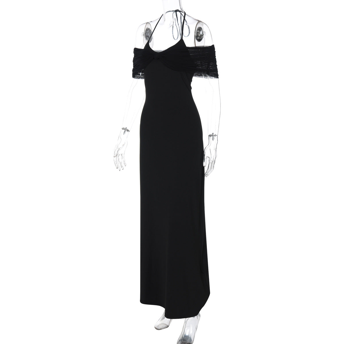 Women's Summer Off-Shoulder Halter Neck Tie Mesh Patchwork Solid Long Dress 7