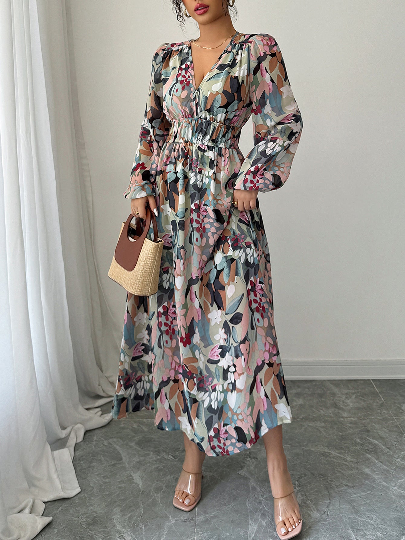 Spring/Summer Women's Chic Elegant Print V-Neck Slim Waist Dress 4