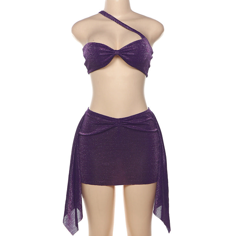 Women summer sexy Solid one-shoulder Halter Neck Strapless Top and Skirt two-piece set 5