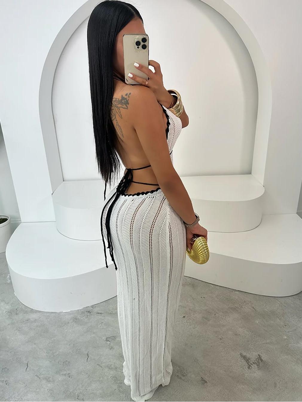 Summer Women's Fashion Sexy V-Neck Halter Neck Low-Back Knitted Dress 4