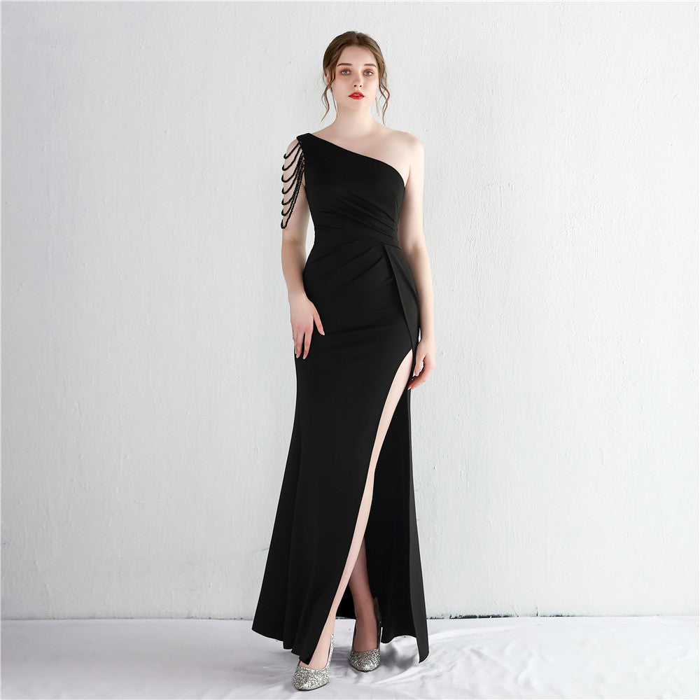 Women Beaded One Shoulder Dinner Slim Long Mermaid Dress Exhibition Evening Dress 7
