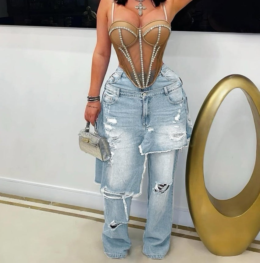 Autumn Winter Women's Fashion Denim Distressed Patchwork Destroyed Loose Straight Leg Pants 3