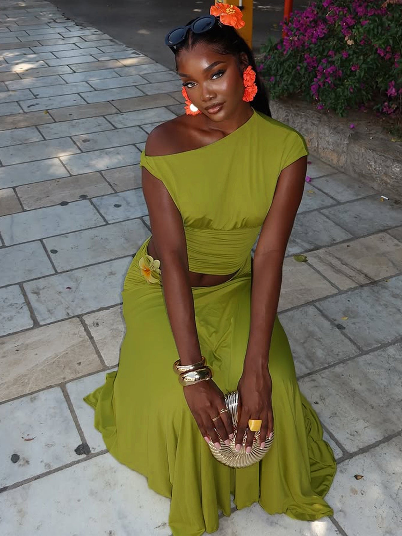 Women's Summer Slash Shoulder Ruffled Long Dress Top Fashion Slim Fit Skirt Set 4