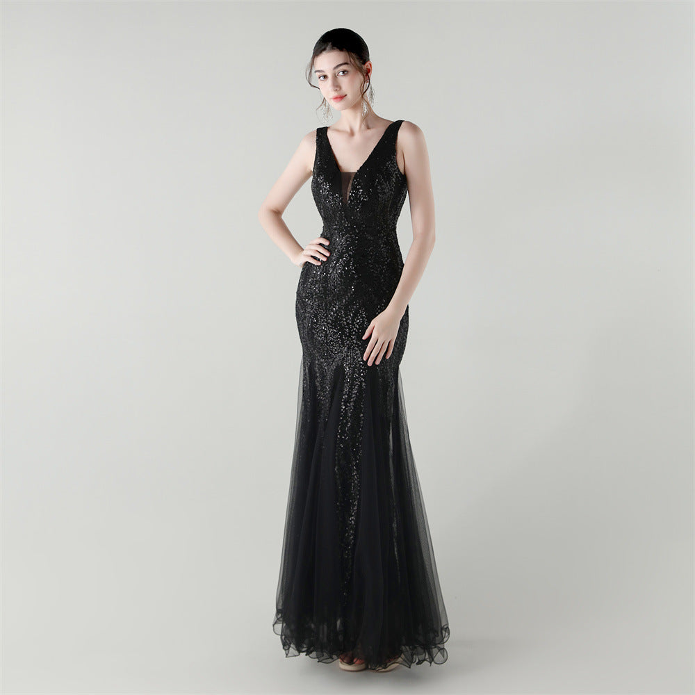 Deep V Neck Sequin Mesh Patchwork Fishtail Evening Dress for Formal Occasions