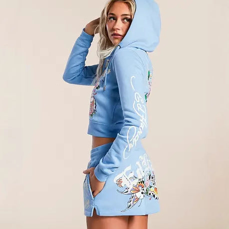 Women Graffiti Print Hoodies and ShortsTwo Piece Set 3