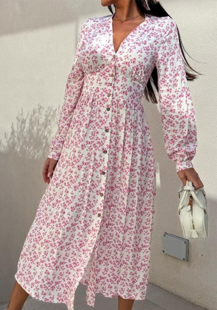 Beach Holidays V-Neck Slim Waist Floral Print Spring Long Sleeve Dress