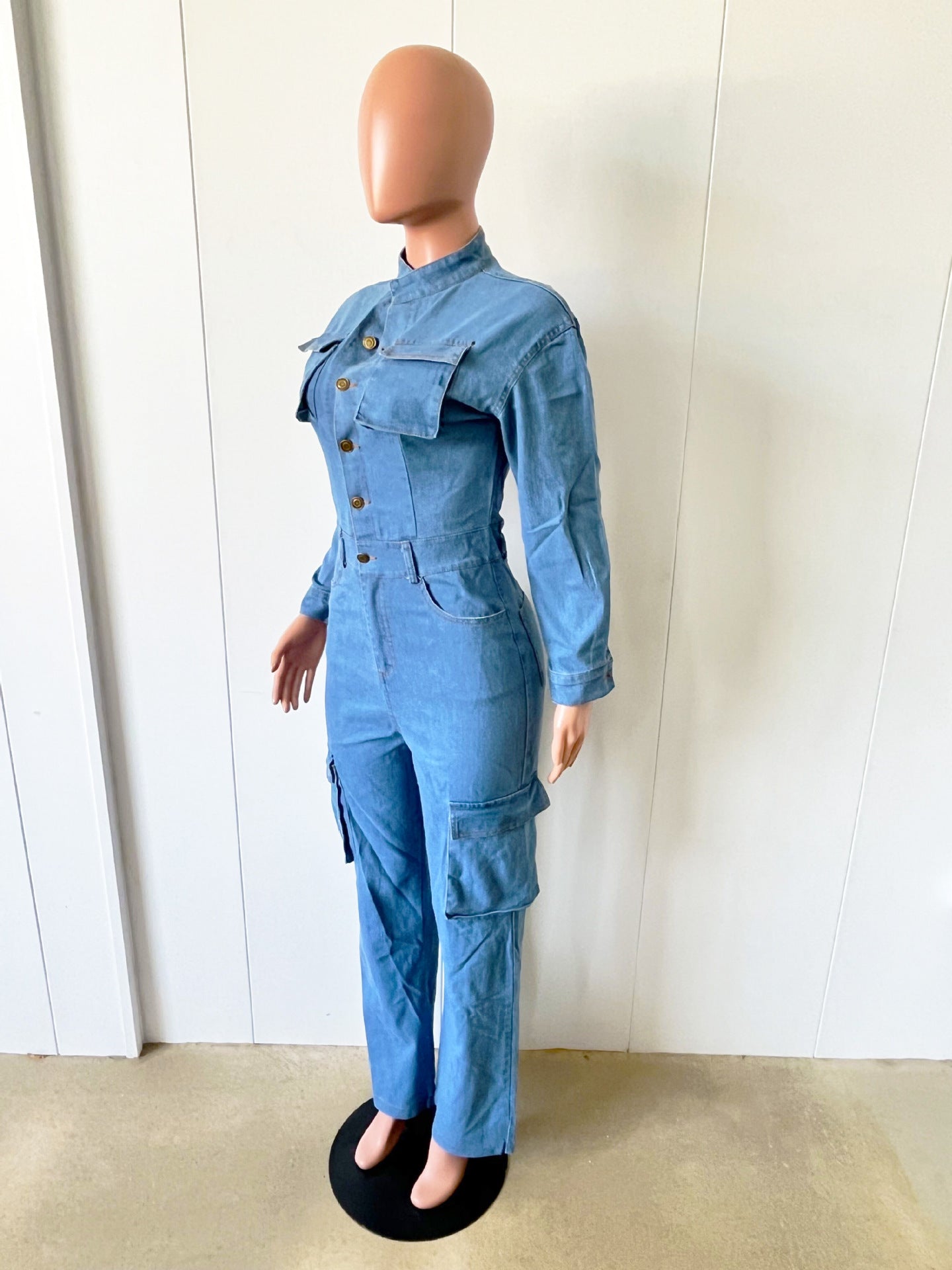 Spring Long Sleeve Pocket Washed Denim Cargo Jumpsuit 9