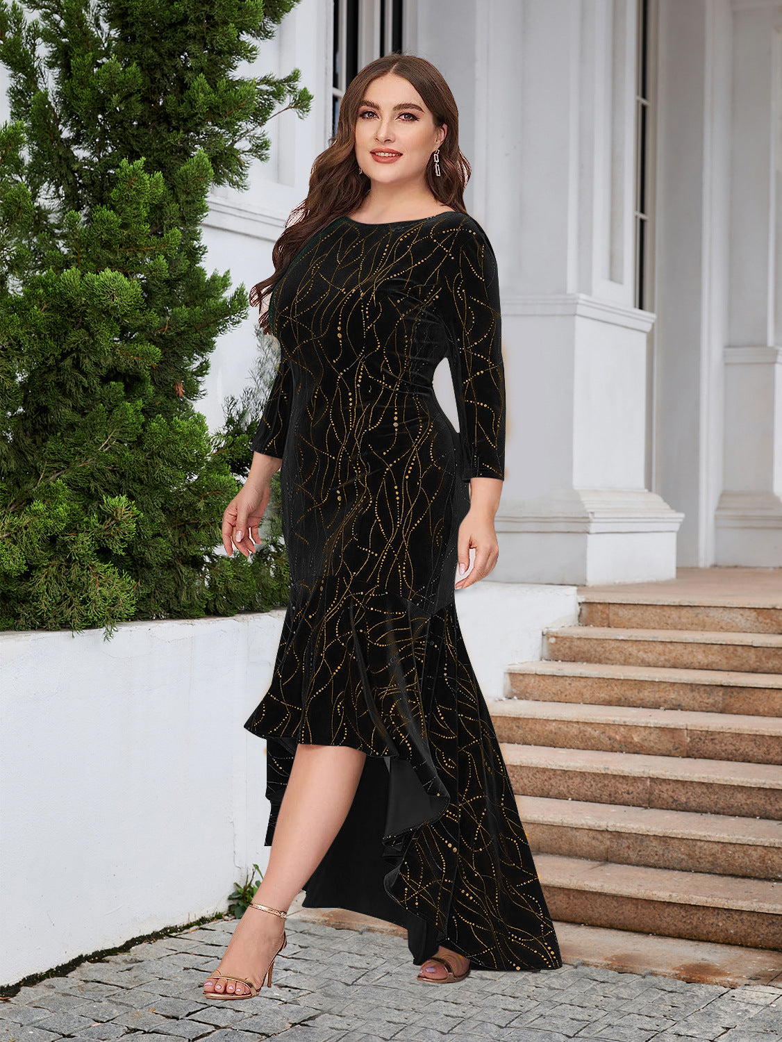 Women's Plus Size Three Quarter Sleeve Mermaid High Low Hem Long Velvet Formal dress 19