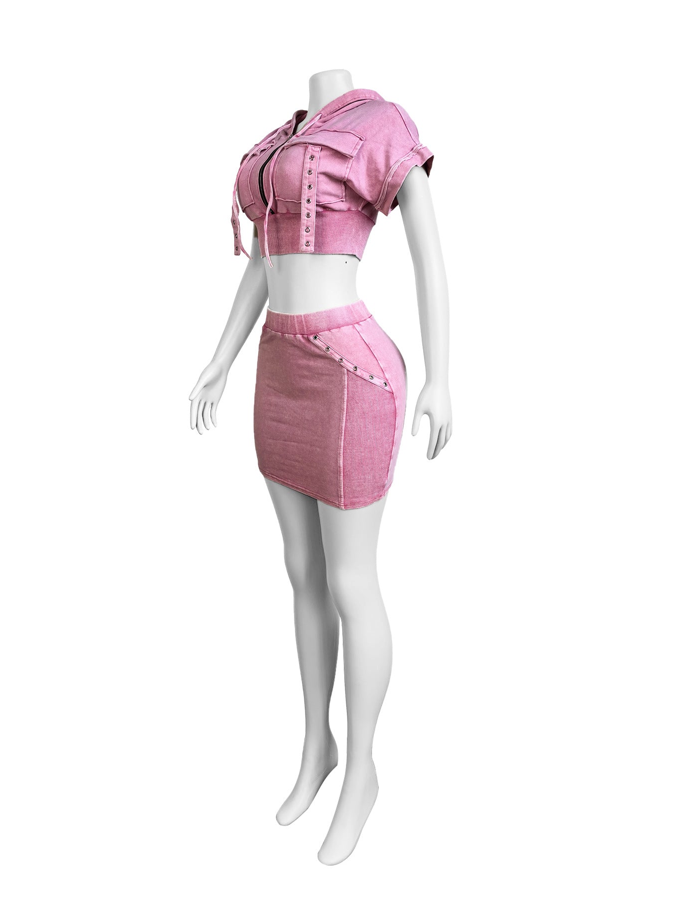 Women Washed Bat Sleeves Hooded Crop Top and Skirt Two-piece Set 11