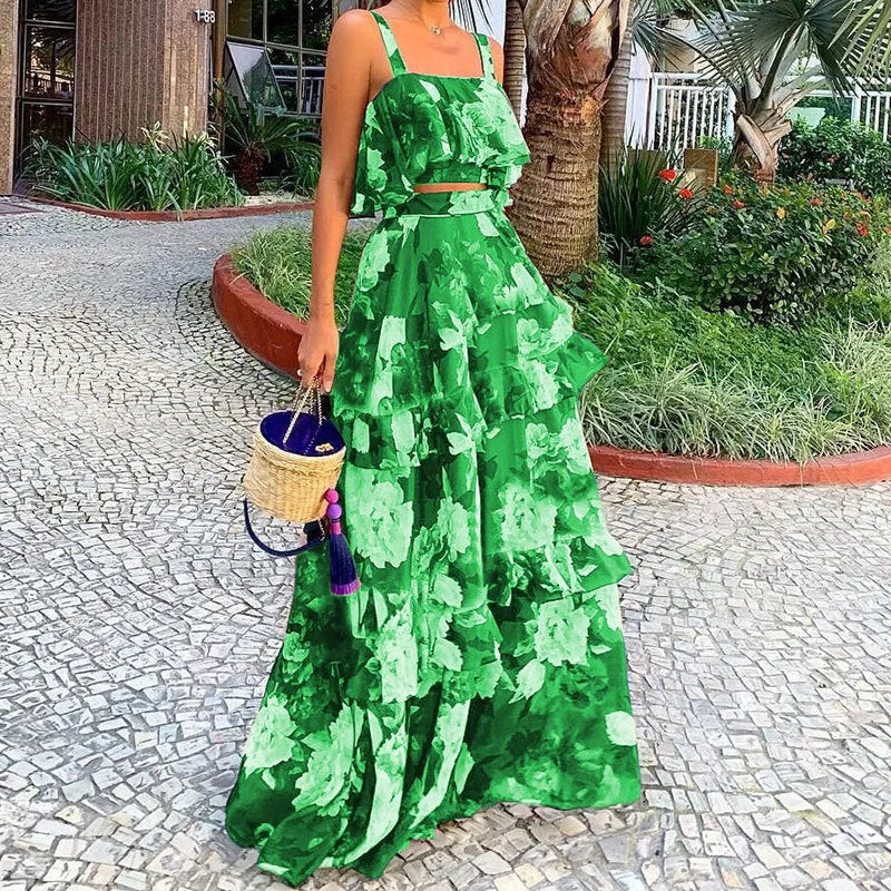 Women Beach Edge Holidays Printed Suspender Top Cascading Ruffles Skirt Two-Piece Set 12