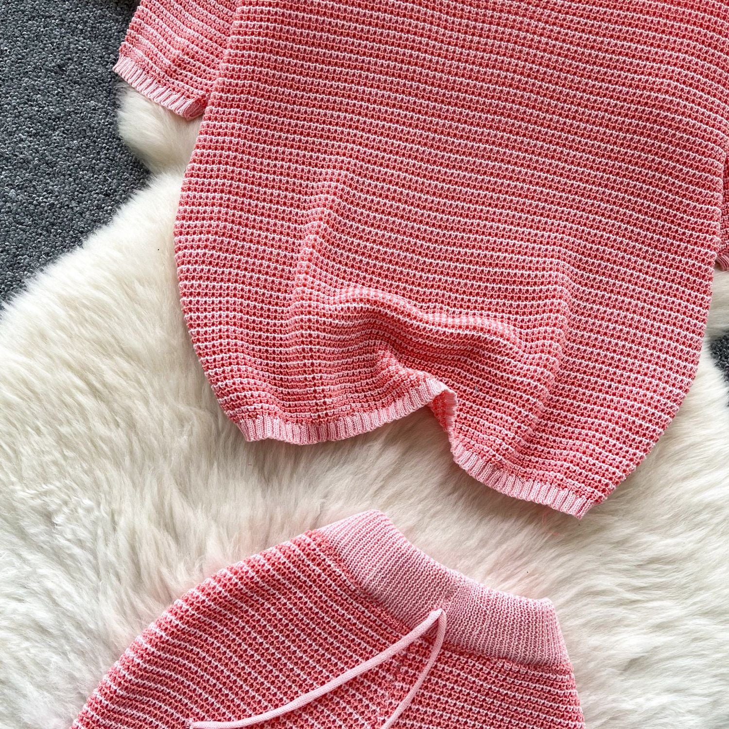 Women's Summer Turndown Collar Short Sleeve Hollow Knitting Top Tight Fitting Shorts Fashion Two Piece Set 15