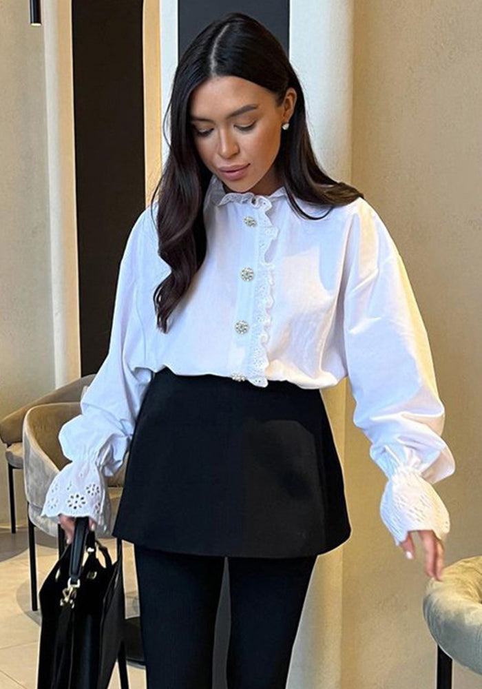Stand Collar Diamond Button Ruffle Shirt Women Trendy White Shirt Top