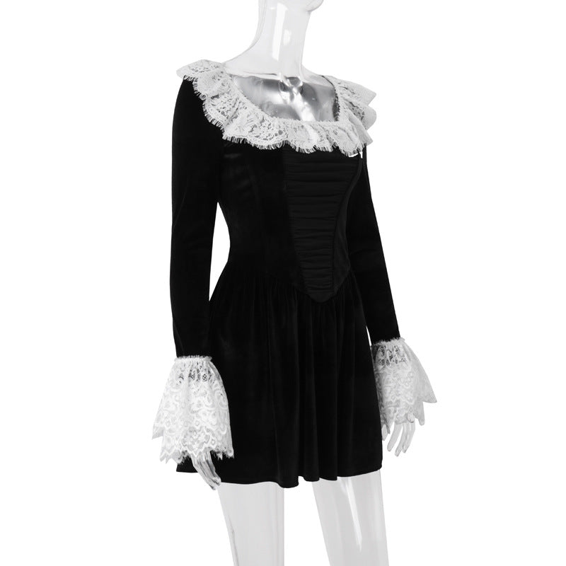 Autumn Fashion Sexy Chic Lace Velvet Long Sleeve A-Line Dress 8