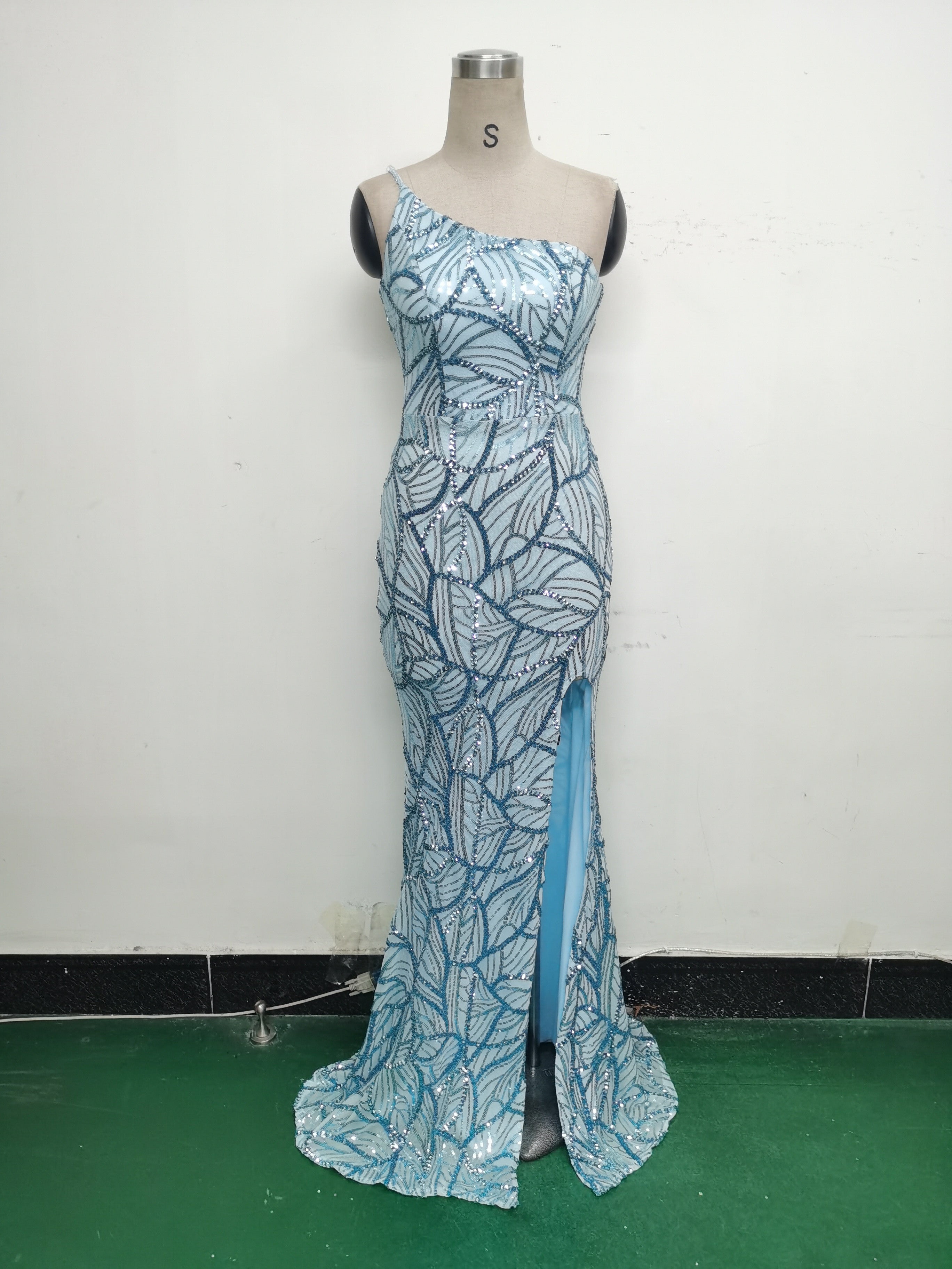 Women One Shoulder Beaded Geometric Sequin Formal Party Prom Wedding Evening Dress 41