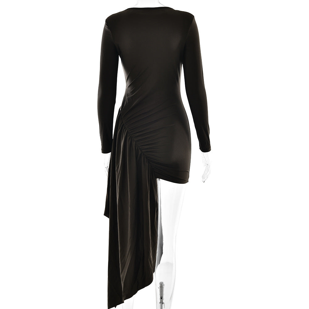 Elegant Round Neck Long Sleeve Pleated Ribbon Bodycon Dress 7