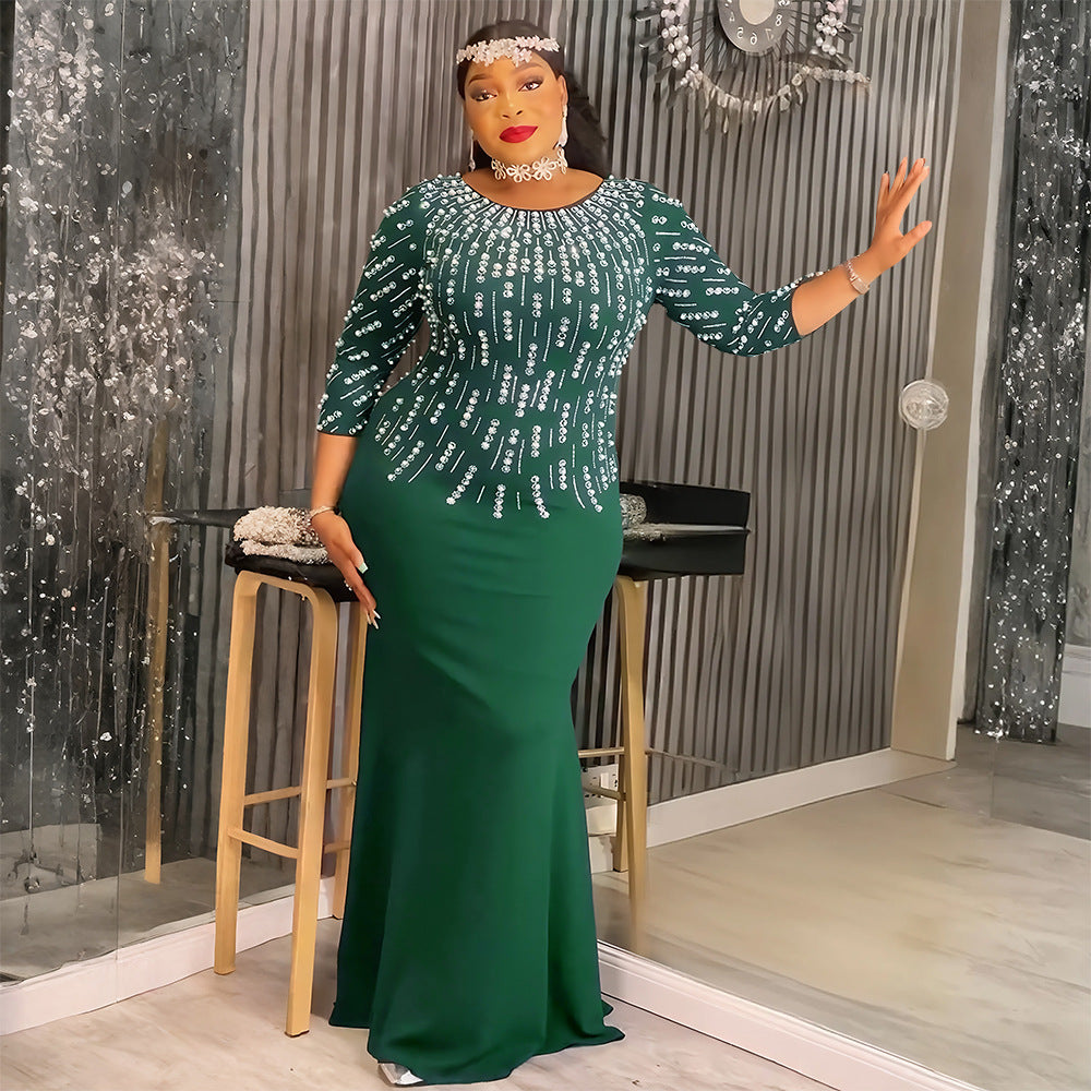 African Plus Size Women's Fashion Beaded Gown Solid Color Dress 4