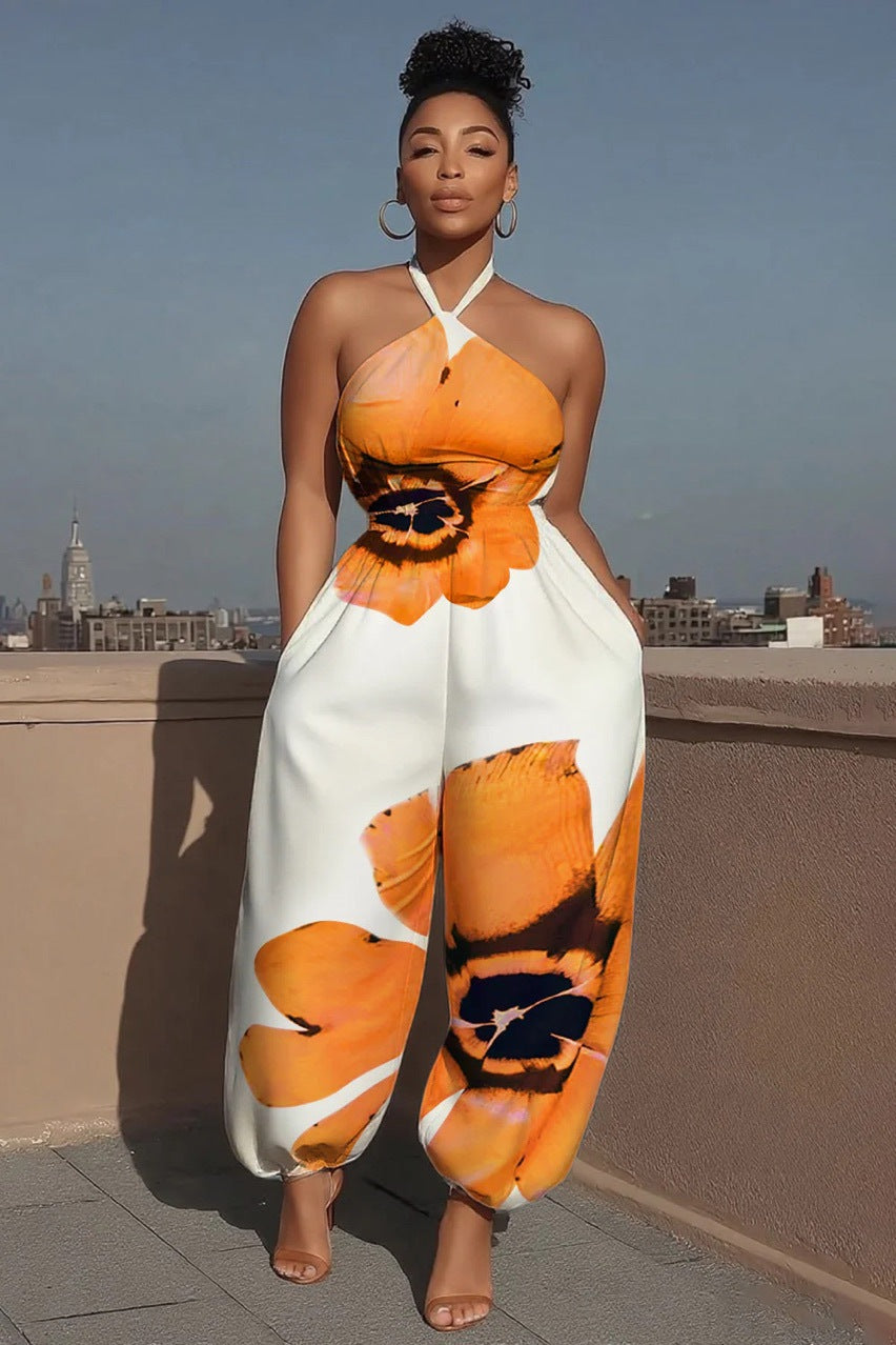 Print Halter Neck Slim Wasit Wide Leg Jumpsuit