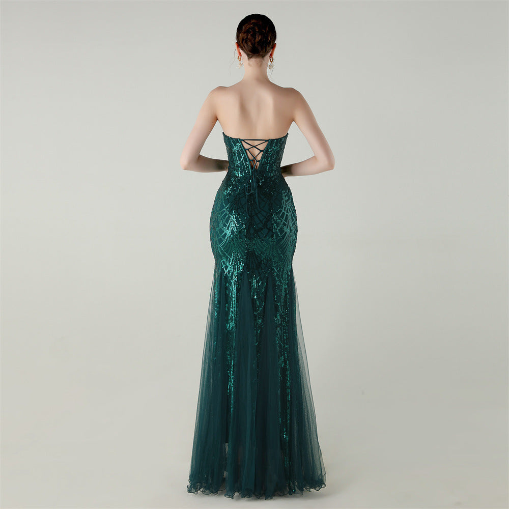 Women Strapless cross Lace-Up sequined tube flower sequined mesh evening dress Formal Party evening dress 46