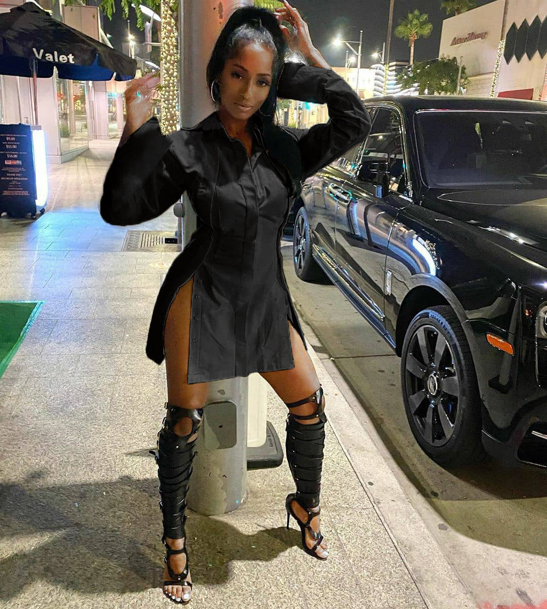 Women's Solid Color Single-Breasted Slit Long Sleeves Shirt Dress