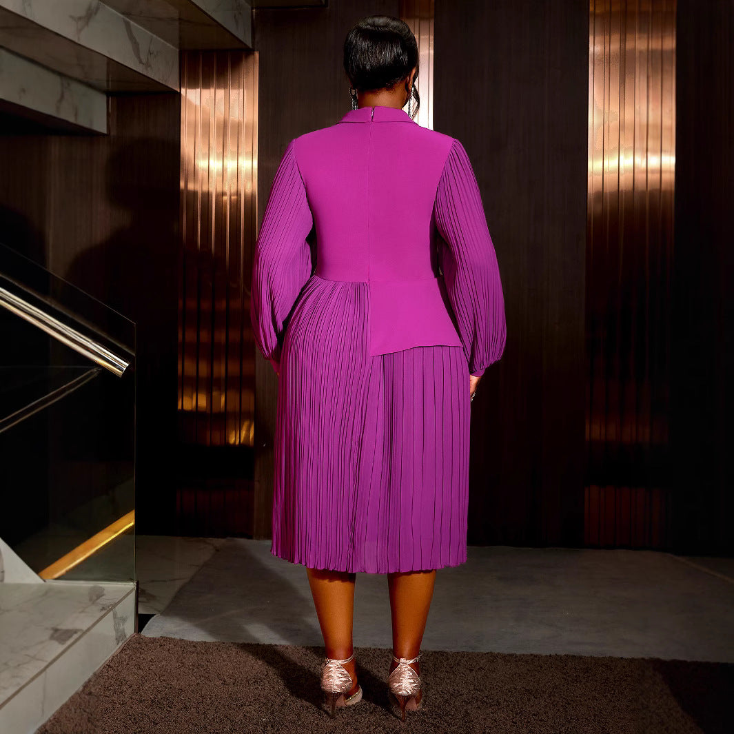 Women Turndown Collar Lantern Long Sleeve Asymmetric Pleated Dress 3