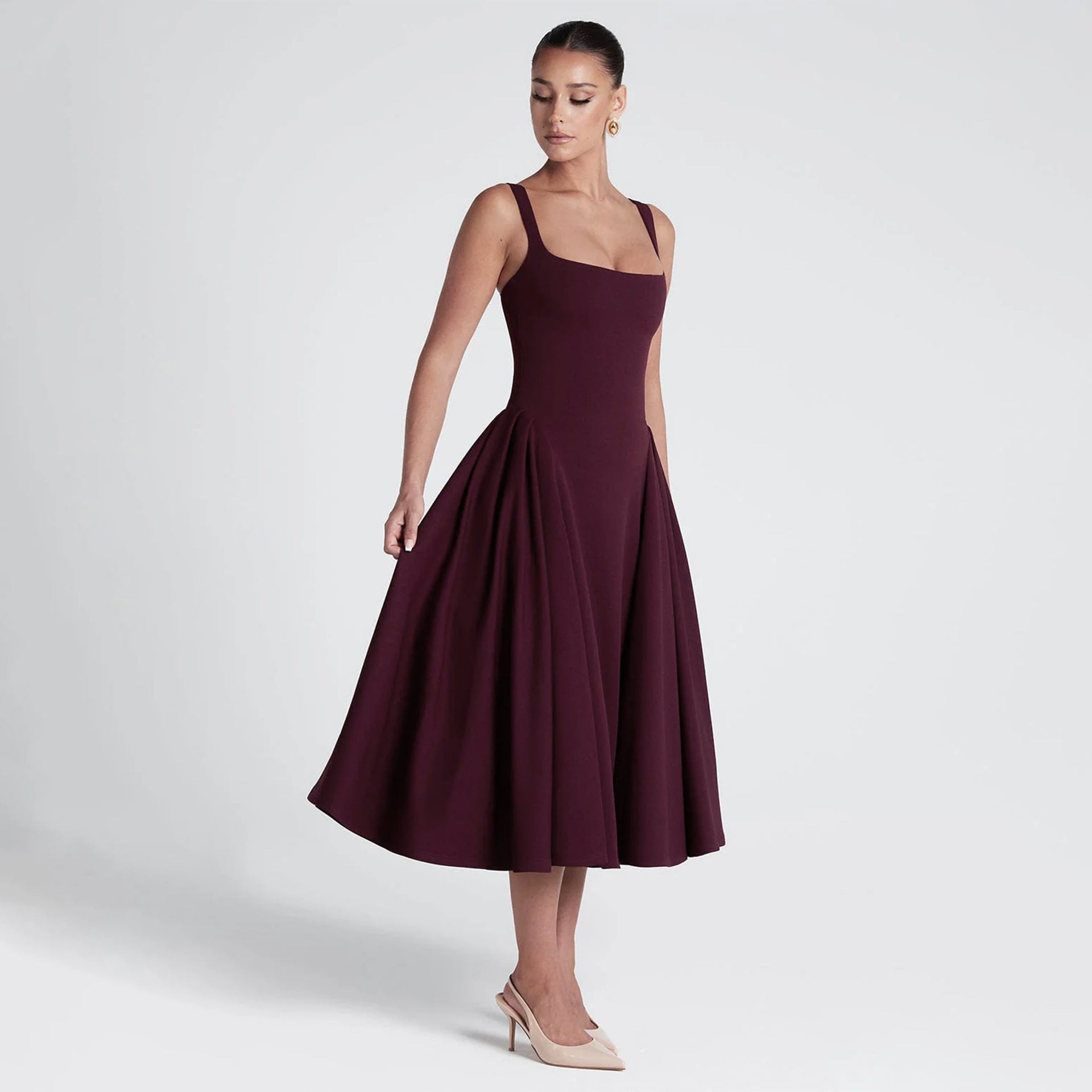 Spring Women's Square Neck Strap Retro Slim Midi Dress 8