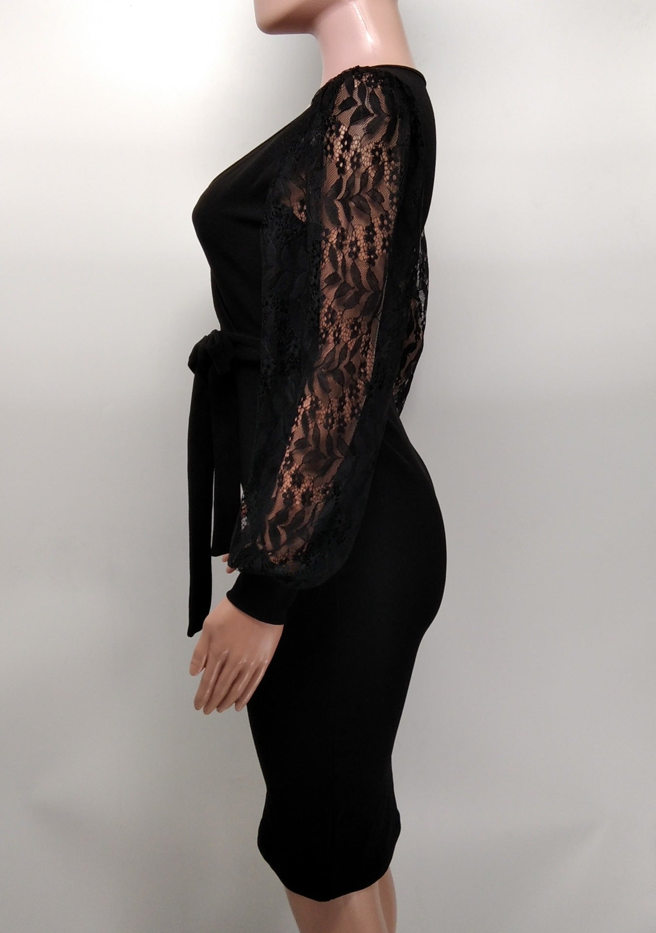 Women'S Fashion Solid Color Lace Lantern Sleeve Slim Midi Bodycon Dress 16