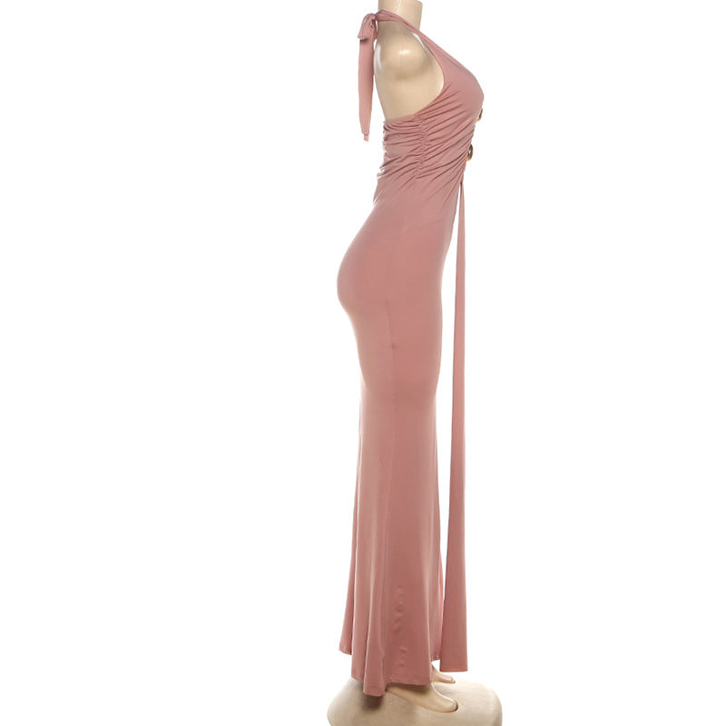 Autumn Winter Women's Sexy Halter Neck Low Back Fashion Metal Decorative Button Bodycon Dress 6