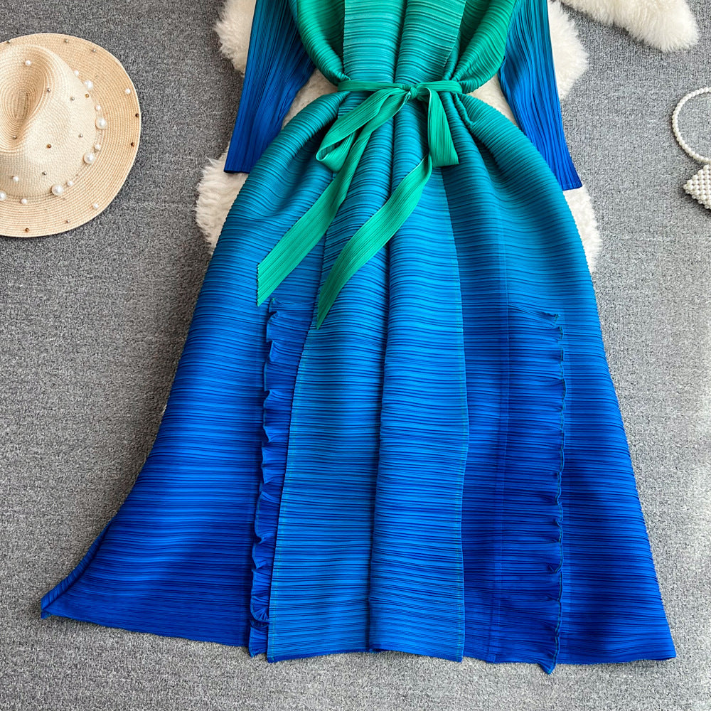 Women Pleated Long Sleeve Turndown Collar Lace-up Gradient Dress 10