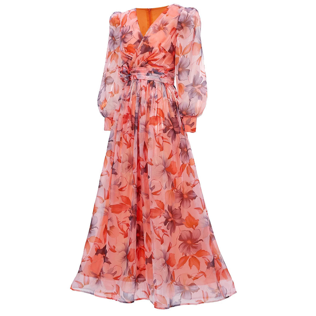 Women long-sleeved V-neck pleated Formal Party mesh dress 8