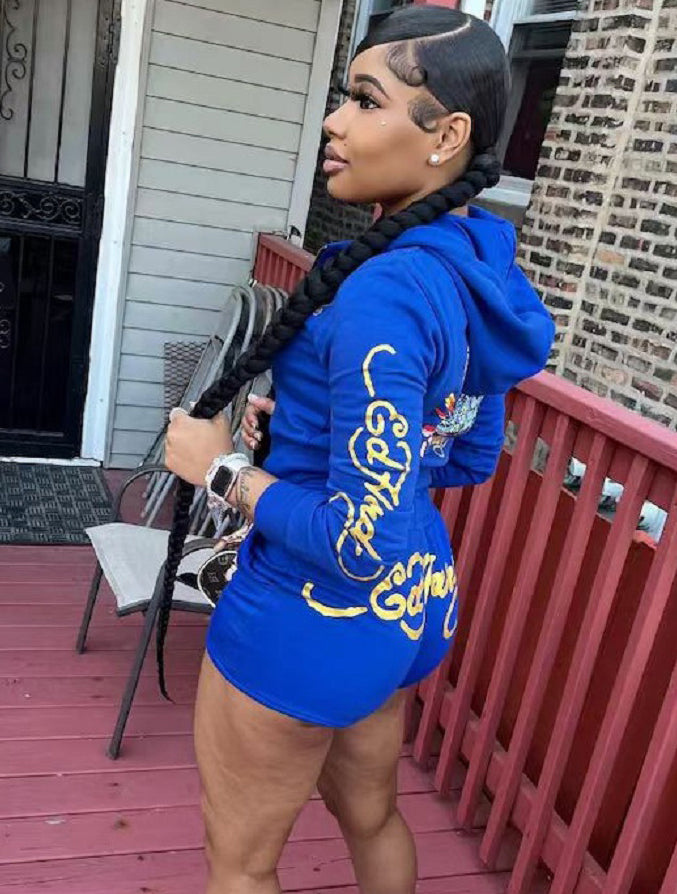 Trendy Printed Long-Sleeved Hoodies Shorts Two Piece Set 8