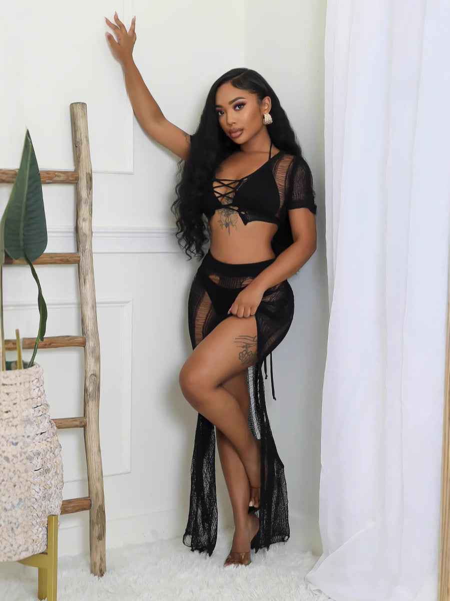 Women's Summer Sexy Side-Slit Hollow Knitting Long Skirt Two-Piece Set