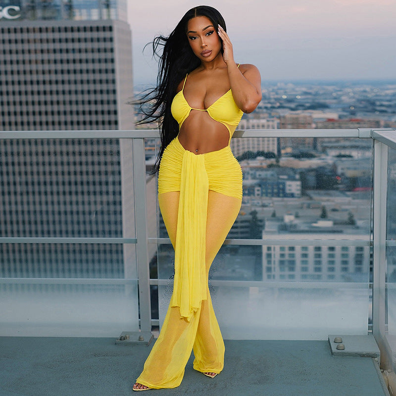 Women's Spring and Summer Halter Neck Open Waist Mesh Drawstring See-Through Hollow Ribbon Jumpsuit 3