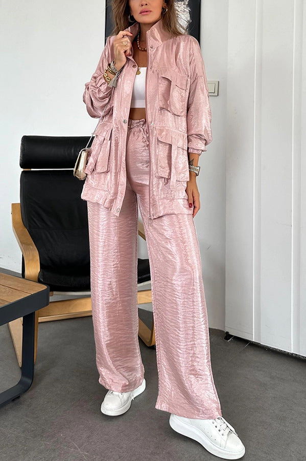 Women's Solid Color Fashionable Long-Sleeved Pockets Jacket Straight-Leg Trousers Two-Piece Set 10