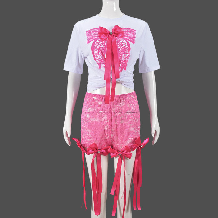 Sexy Bow Short Sleeve Top Lace Trend Shorts Women Two Piece Set 10