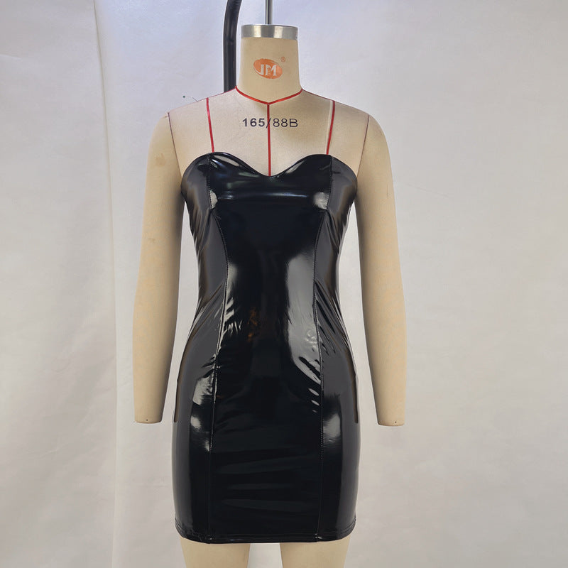 Women PU-leather sexy Strapless off-shoulder Bodycon Dress 9
