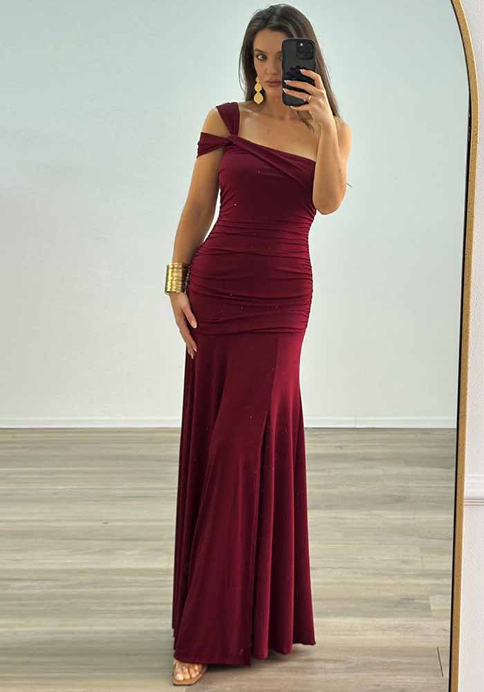 Summer Trendy Sexy Slash-Shoulder Slit Solid Color Ruched Sleeveless Maxi Dress