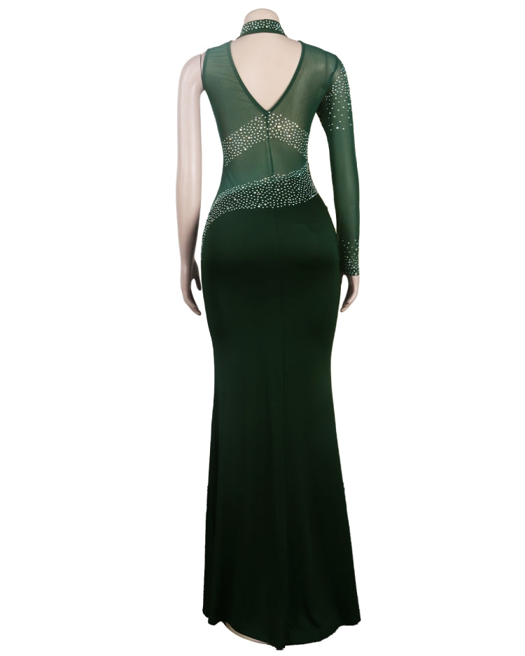 Fall Sexy Green Sequins One Shoulder High Neck Long Dress 3