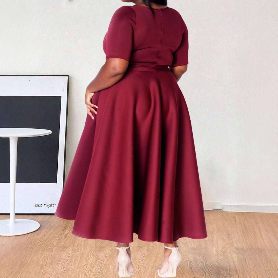 Women's Plus Size Elegant Slim Waist Round Neck Short Sleeve Solid Color Dress