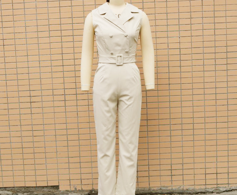 Summer Women'S Solid Color Turndown Collar Sleeveless Professional Jumpsuit 12