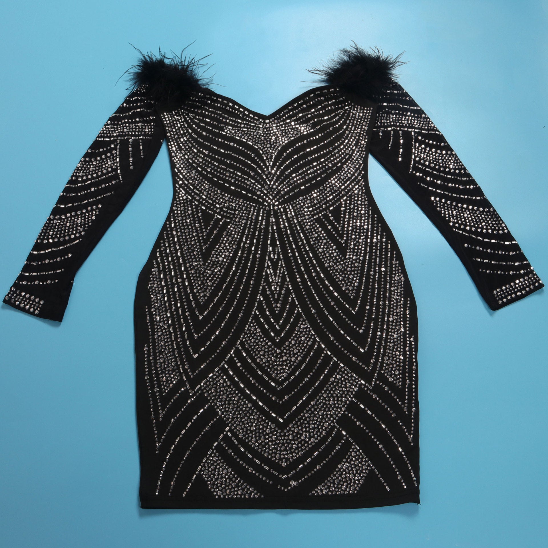 Women's Beaded Feather Off Shoulder Bodycon Dress 20