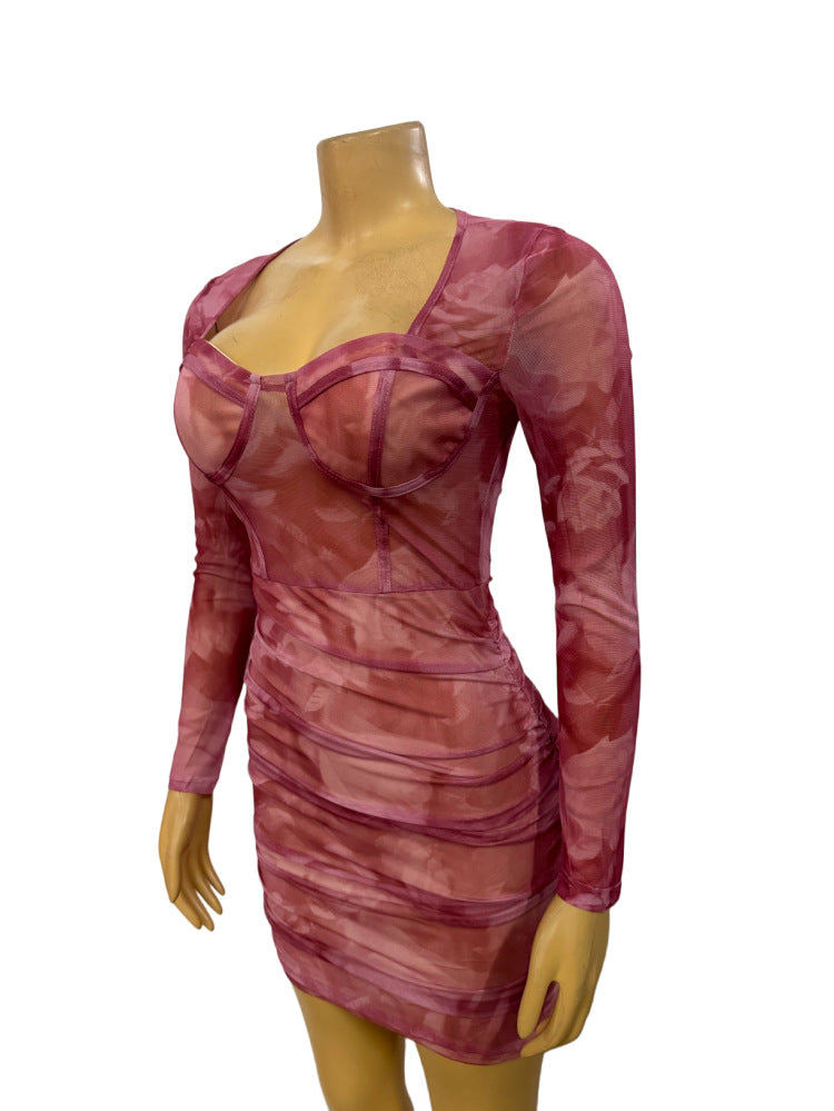 Women Mesh See-Through Sexy Pleated Bodycon Long Sleeve Dress 5