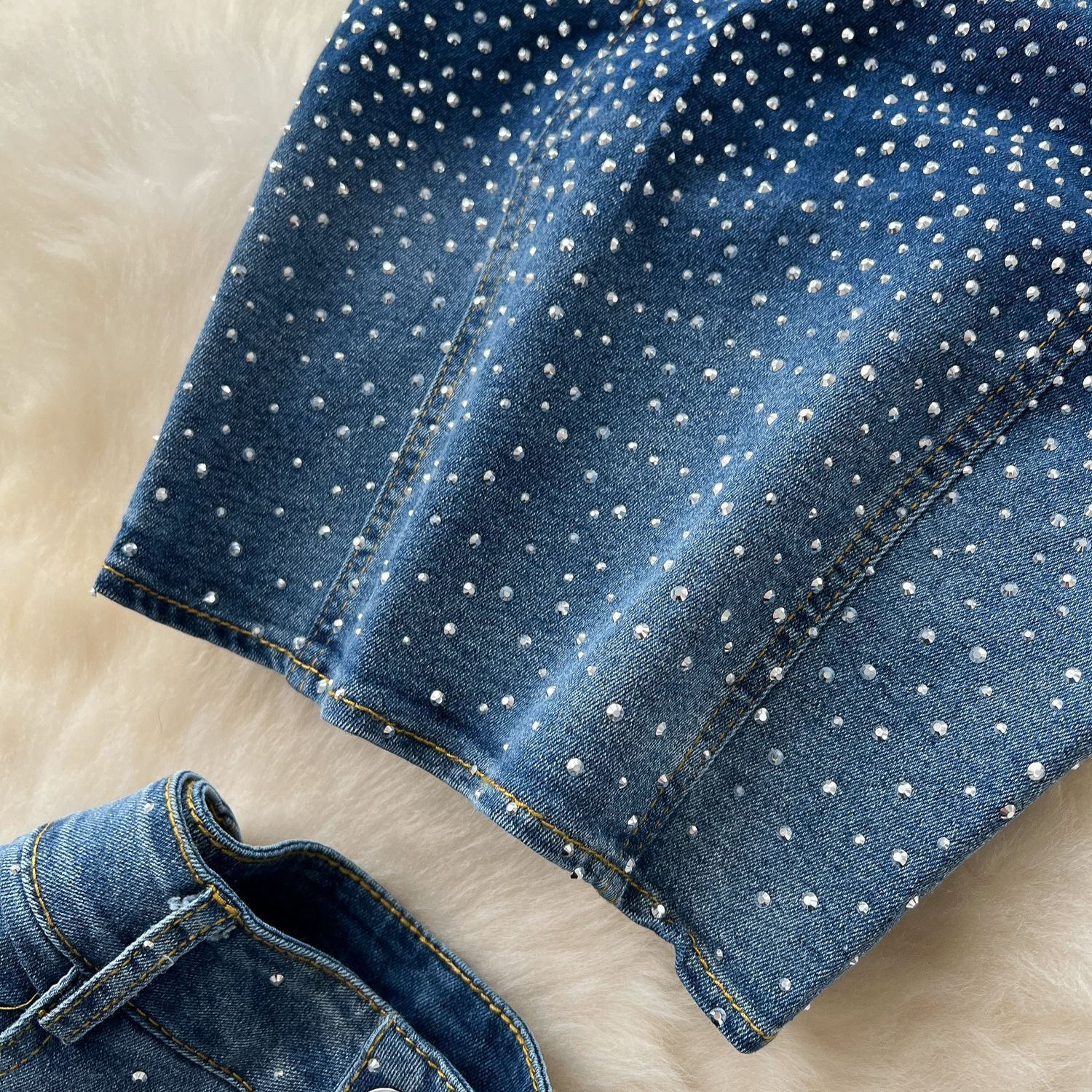 Fashion Beaded Denim summer Strapless Vest High Waist Denim Bell Bottom Trousers Two Piece Set for Women 7